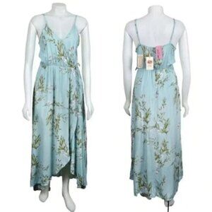 NWT Entro Floral Maxi Dress Blue Sleeveless Faux Wrap Rayon Size Large